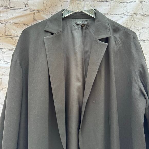 Eileen Fisher Jacket Long Black 100% Silk Open Front 3/4 Sleeve Classic Preppy M - Picture 3 of 10